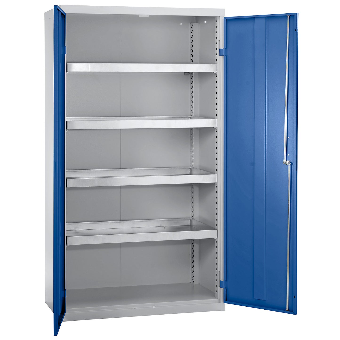 Environmental cupboard without door perforations, HxWxD 1800 x 1000 x 500 mm, 4 tray shelves, light grey / gentian blue.