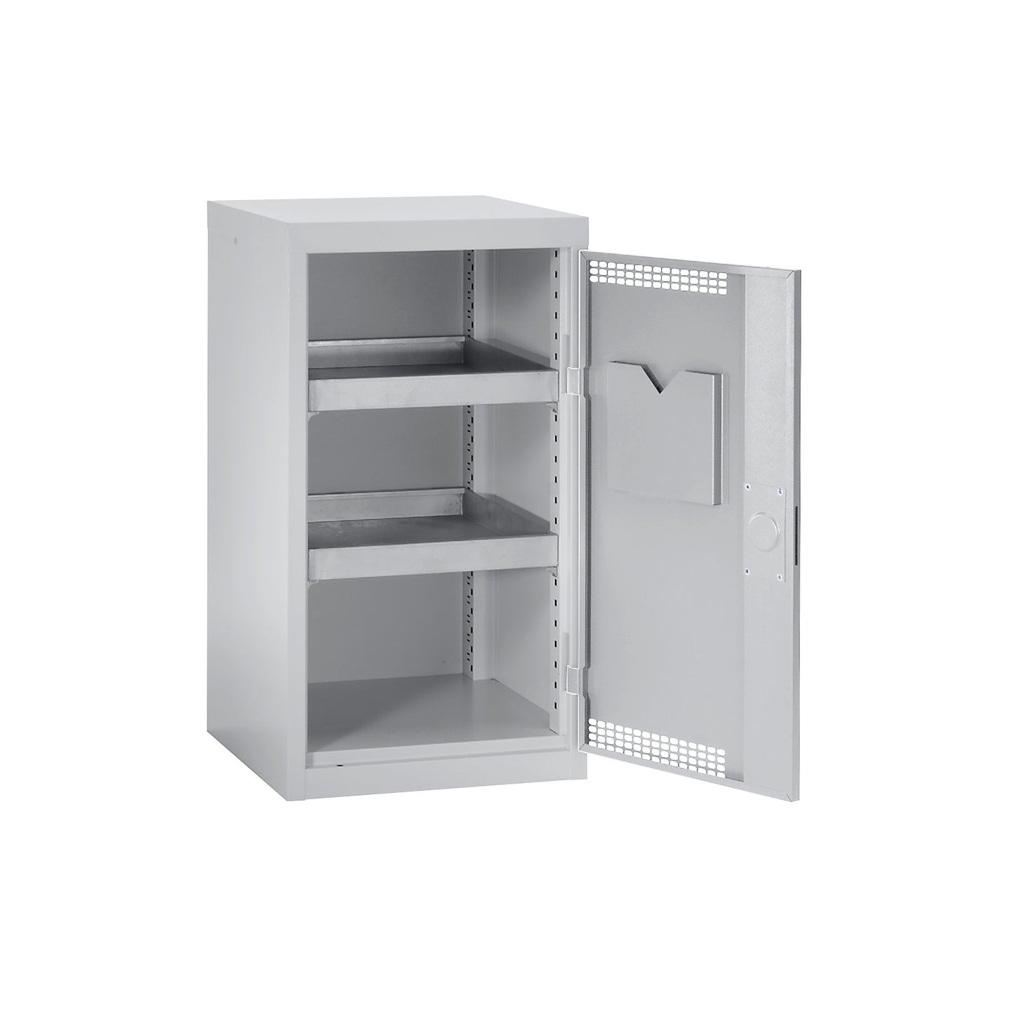 Environmental cupboard with door perforations, HxWxD 900 x 500 x 500 mm, 2 tray shelves, light grey / light grey.