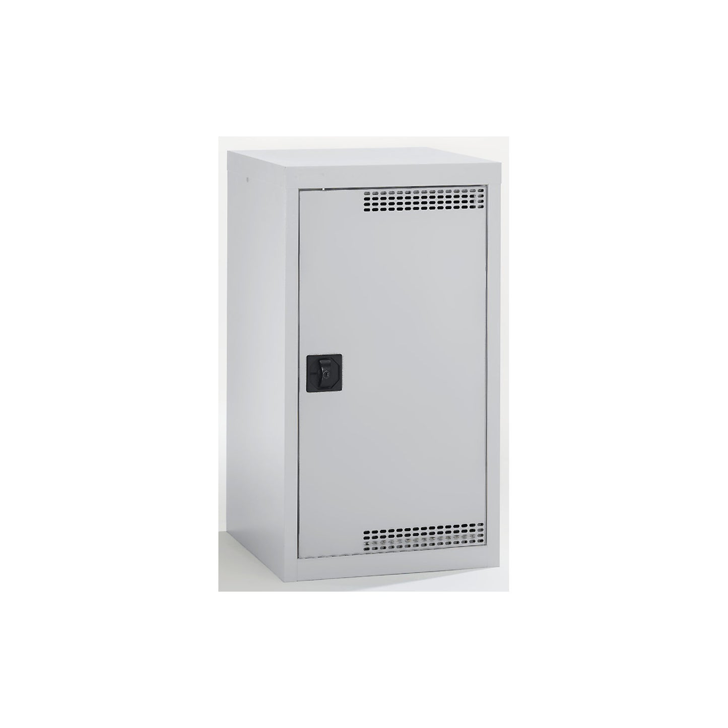 Environmental cupboard with door perforations, HxWxD 900 x 500 x 500 mm, 2 tray shelves, light grey / light grey.