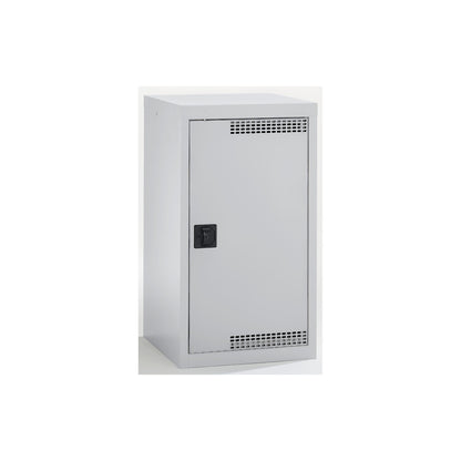 Environmental cupboard with door perforations, HxWxD 900 x 500 x 500 mm, 2 tray shelves, light grey / light grey.