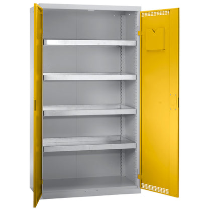 Environmental cupboard with door perforations, HxWxD 1800 x 1000 x 500 mm, 4 tray shelves, light grey / signal yellow.