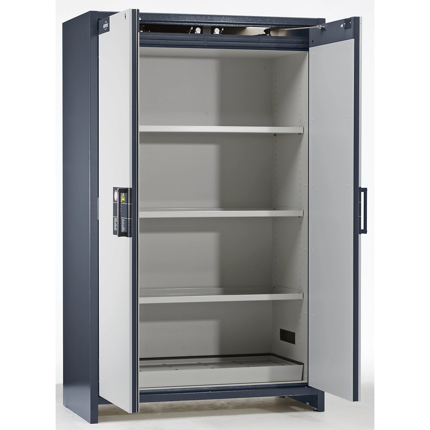 Fire resistant industrial hazardous goods cupboard, type 90, HxWxD 1955 x 1200 x 615 mm, 2 door, light grey.
