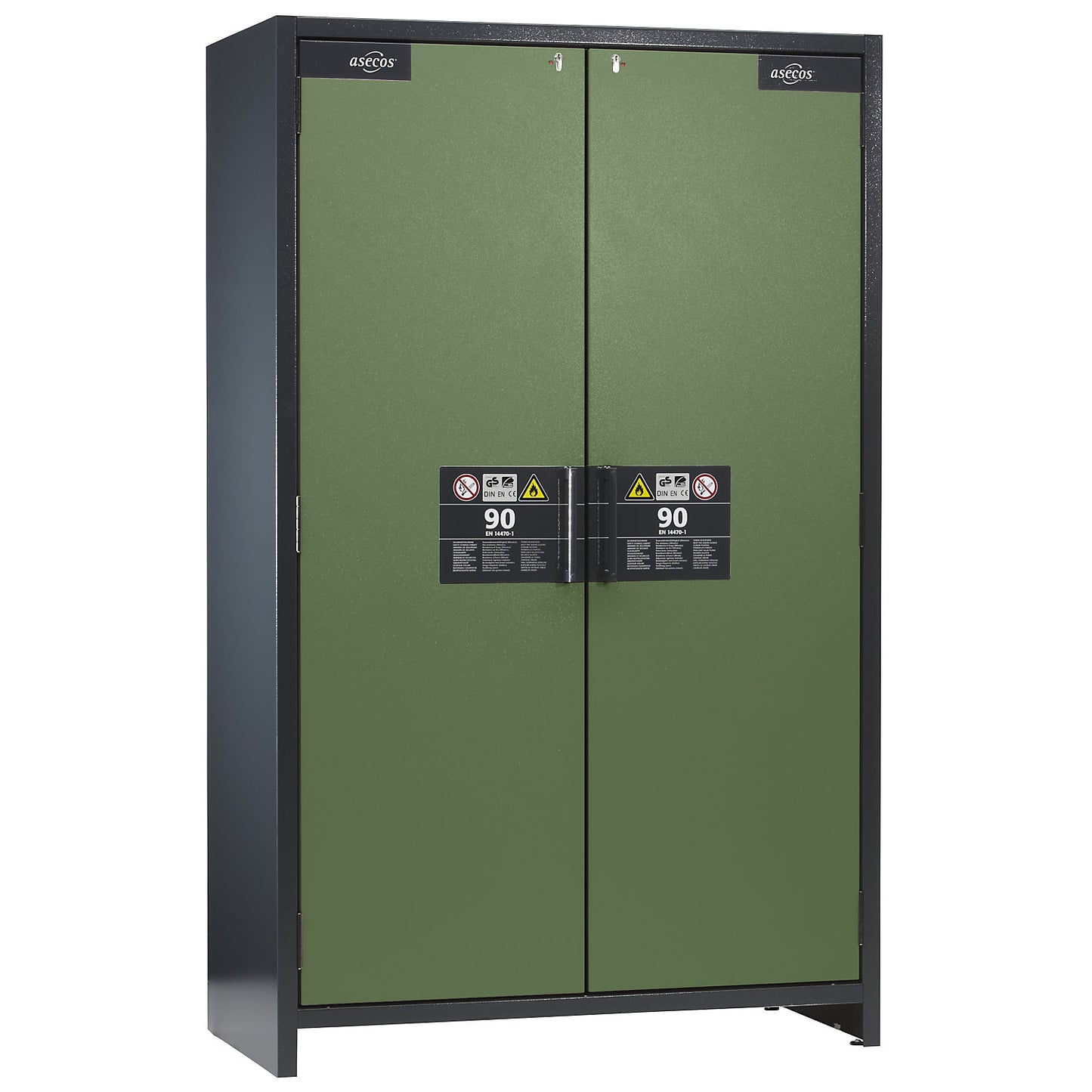 Fire resistant industrial hazardous goods cupboard, type 90, HxWxD 1955 x 1200 x 615 mm, 2 door, reseda green.