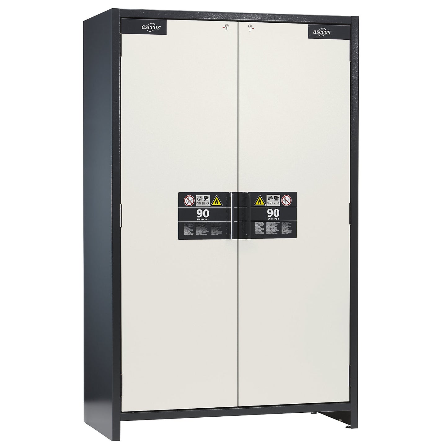 Fire resistant industrial hazardous goods cupboard, type 90, HxWxD 1955 x 1200 x 615 mm, 2 door, pure white.