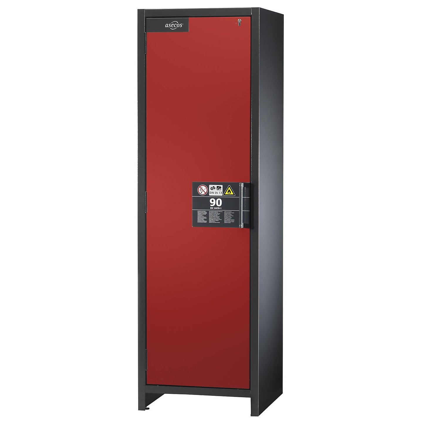 Fire resistant industrial hazardous goods cupboard, type 90, HxWxD 1955 x 600 x 615 mm, 1 door, traffic red.