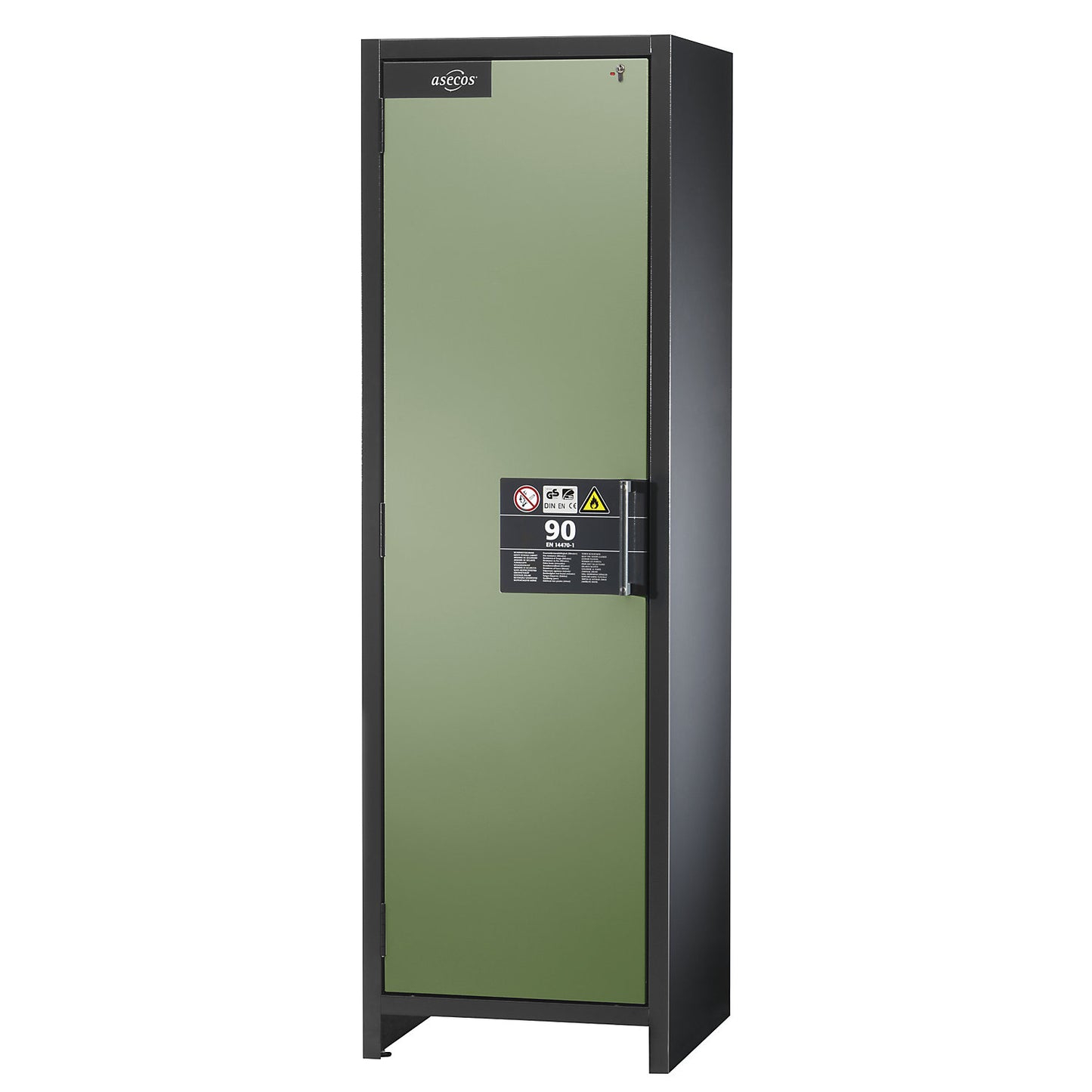 Fire resistant industrial hazardous goods cupboard, type 90, HxWxD 1955 x 600 x 615 mm, 1 door, reseda green.