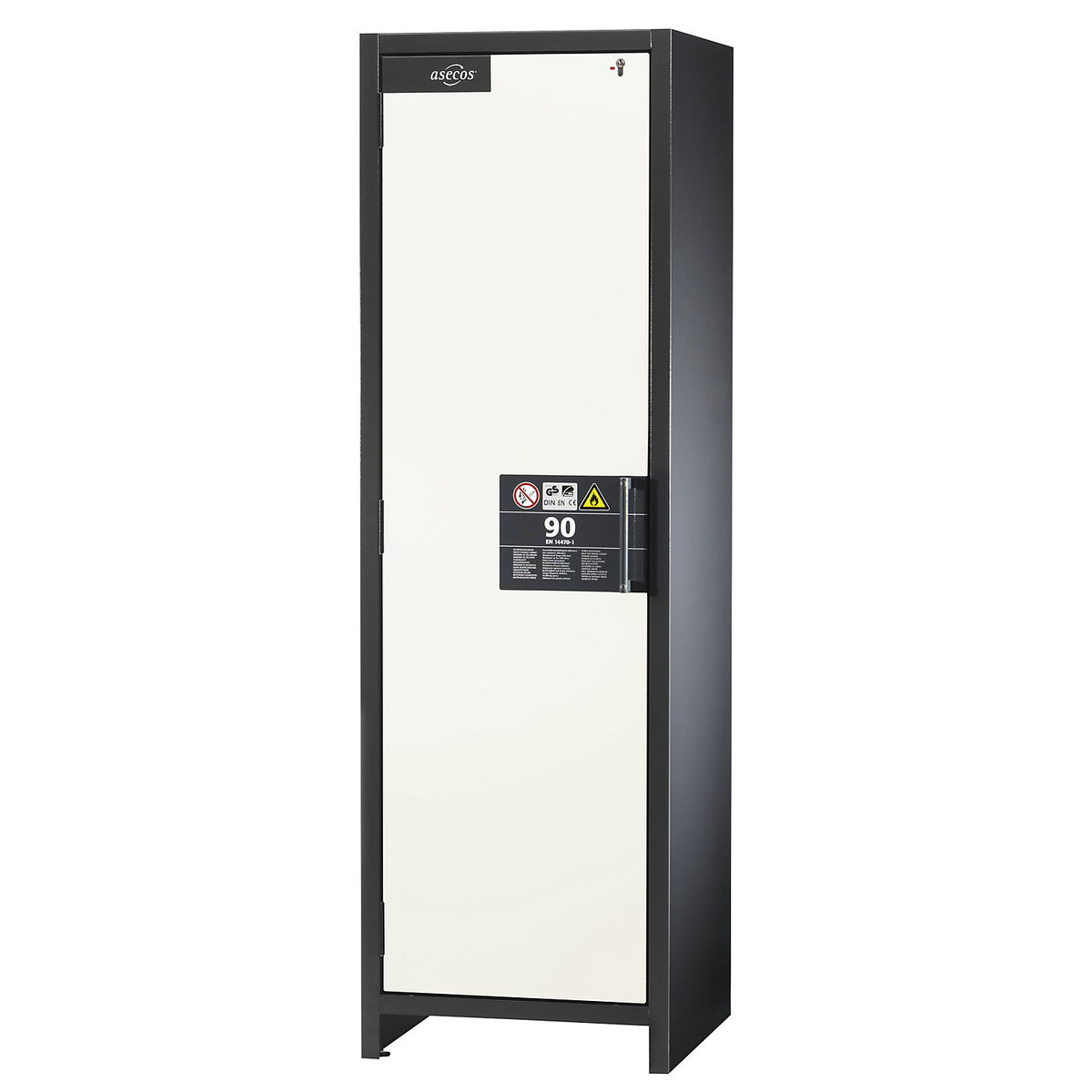 Fire resistant industrial hazardous goods cupboard, type 90, HxWxD 1955 x 600 x 615 mm, 1 door, pure white.