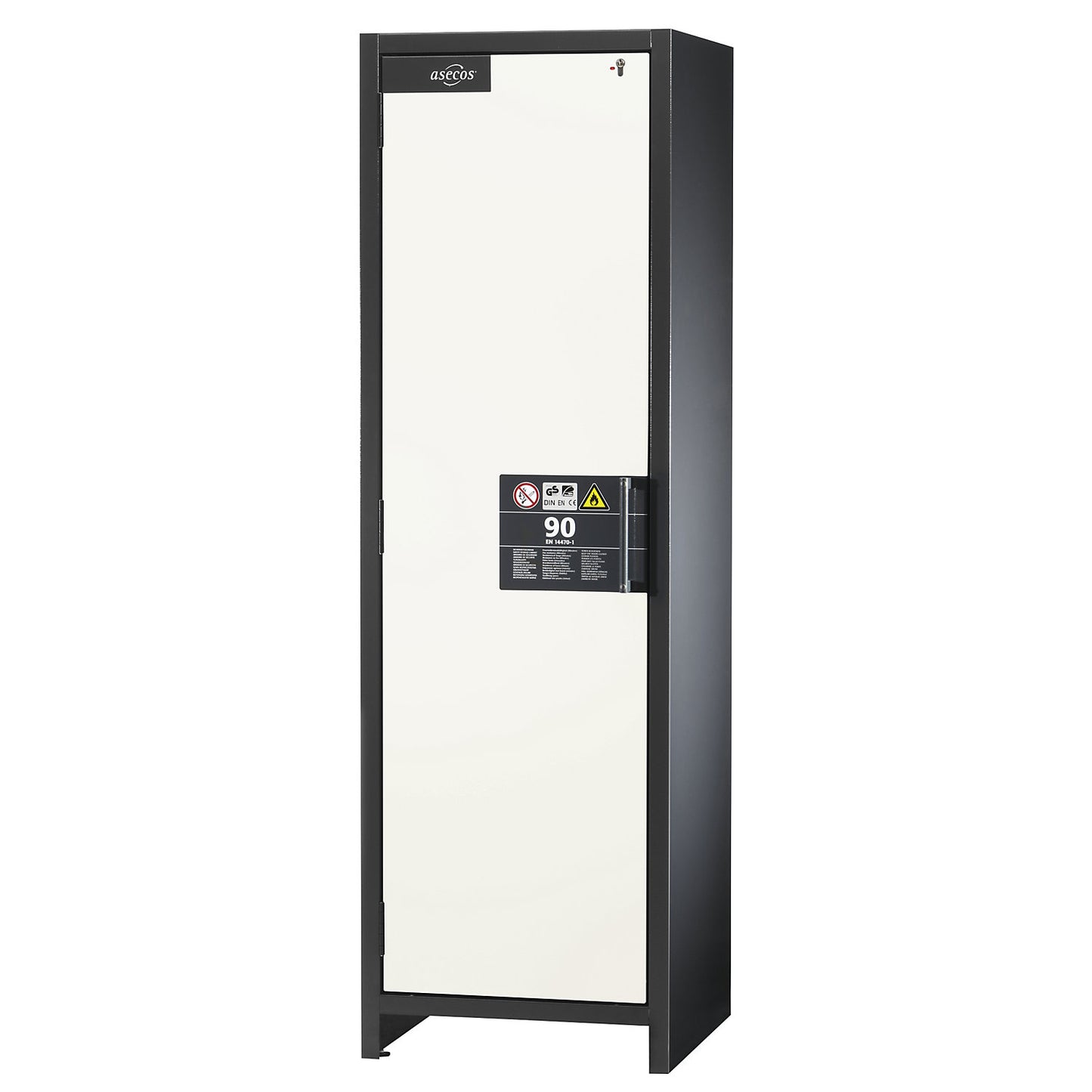 Fire resistant industrial hazardous goods cupboard, type 90, HxWxD 1955 x 600 x 615 mm, 1 door, pure white.