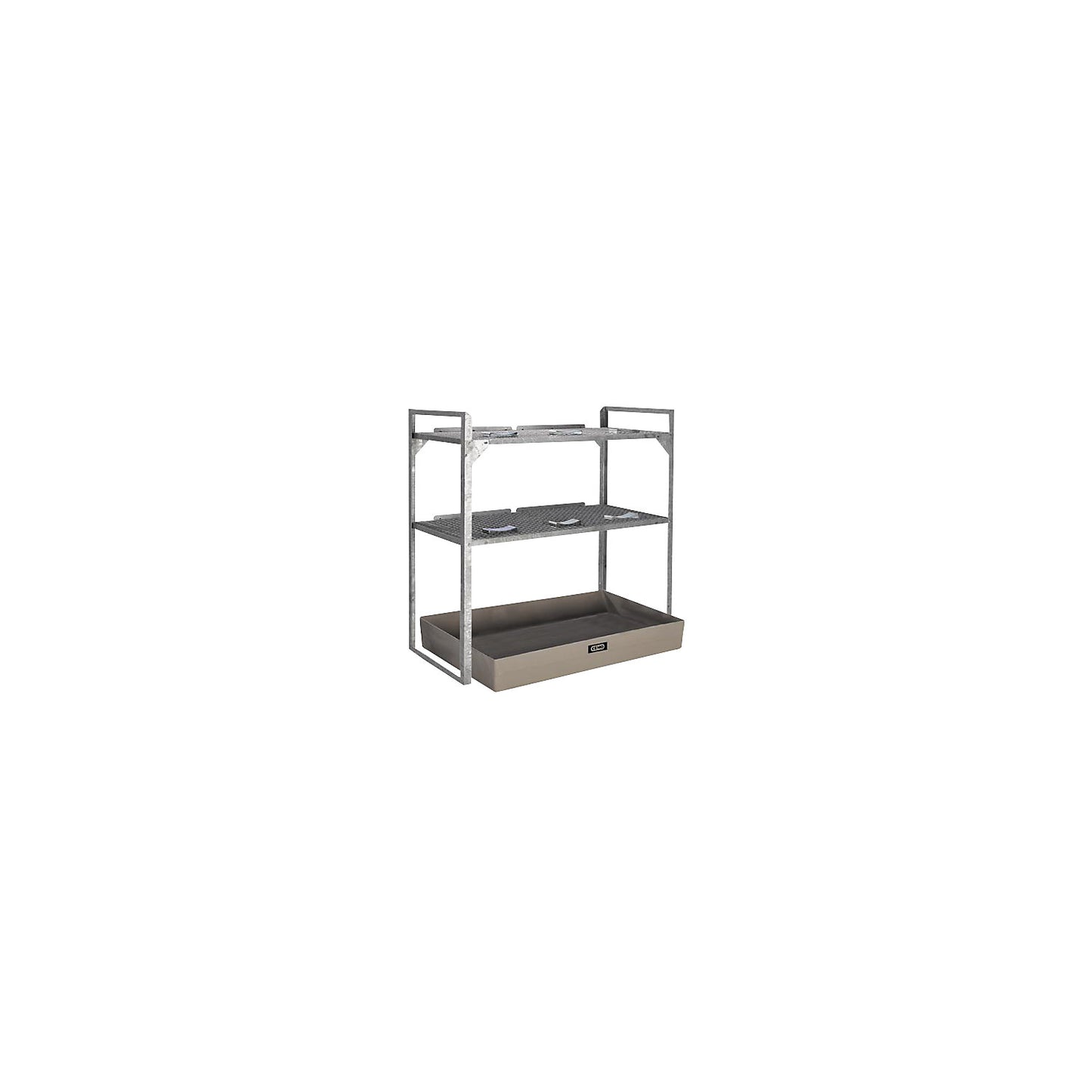 Drum and small container shelf unit, with GRP sump tray for 150 l, 2 mesh grid shelves and drum supports.