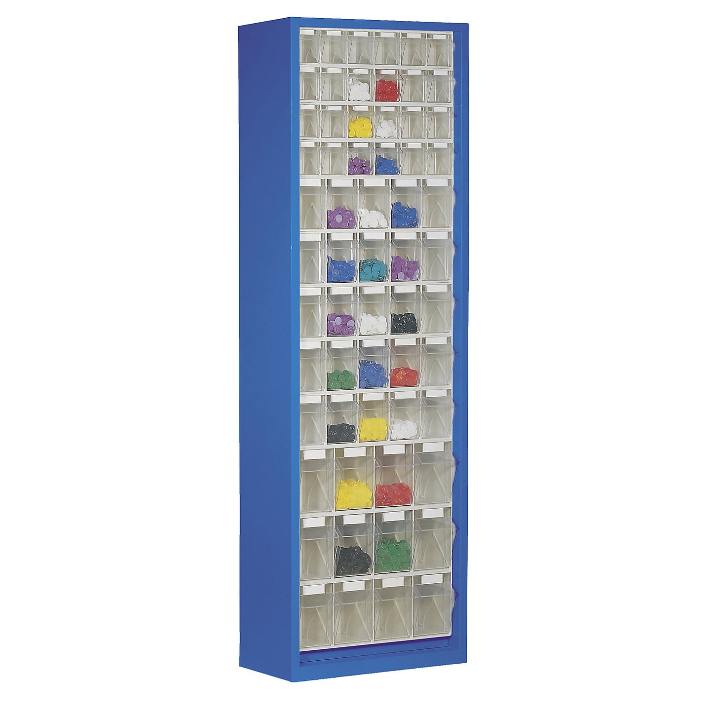 Sheet steel storage cupboard, with 61 transparent pull-out bins, gentian blue.