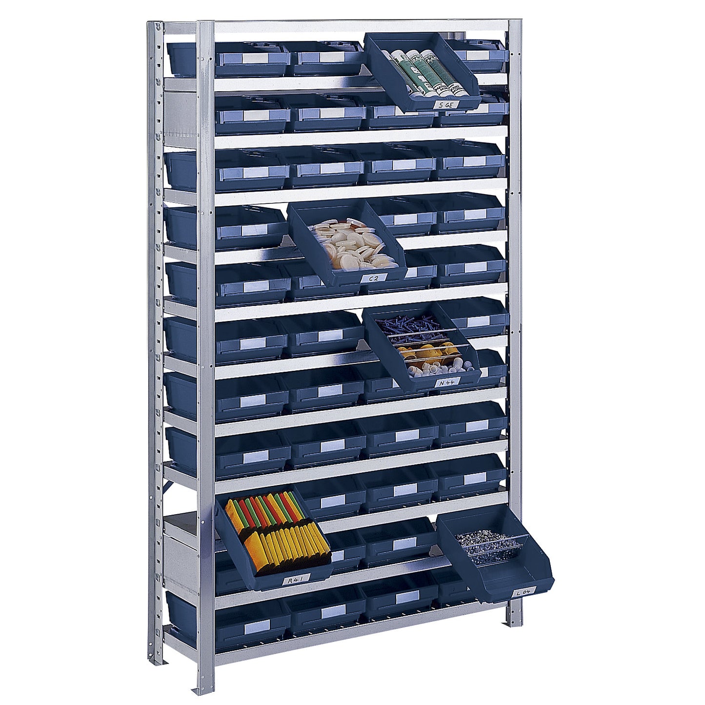 Boltless shelving unit with shelf bins, shelf unit height 1790 mm, extension shelf unit, depth 300 mm, 44 blue bins.