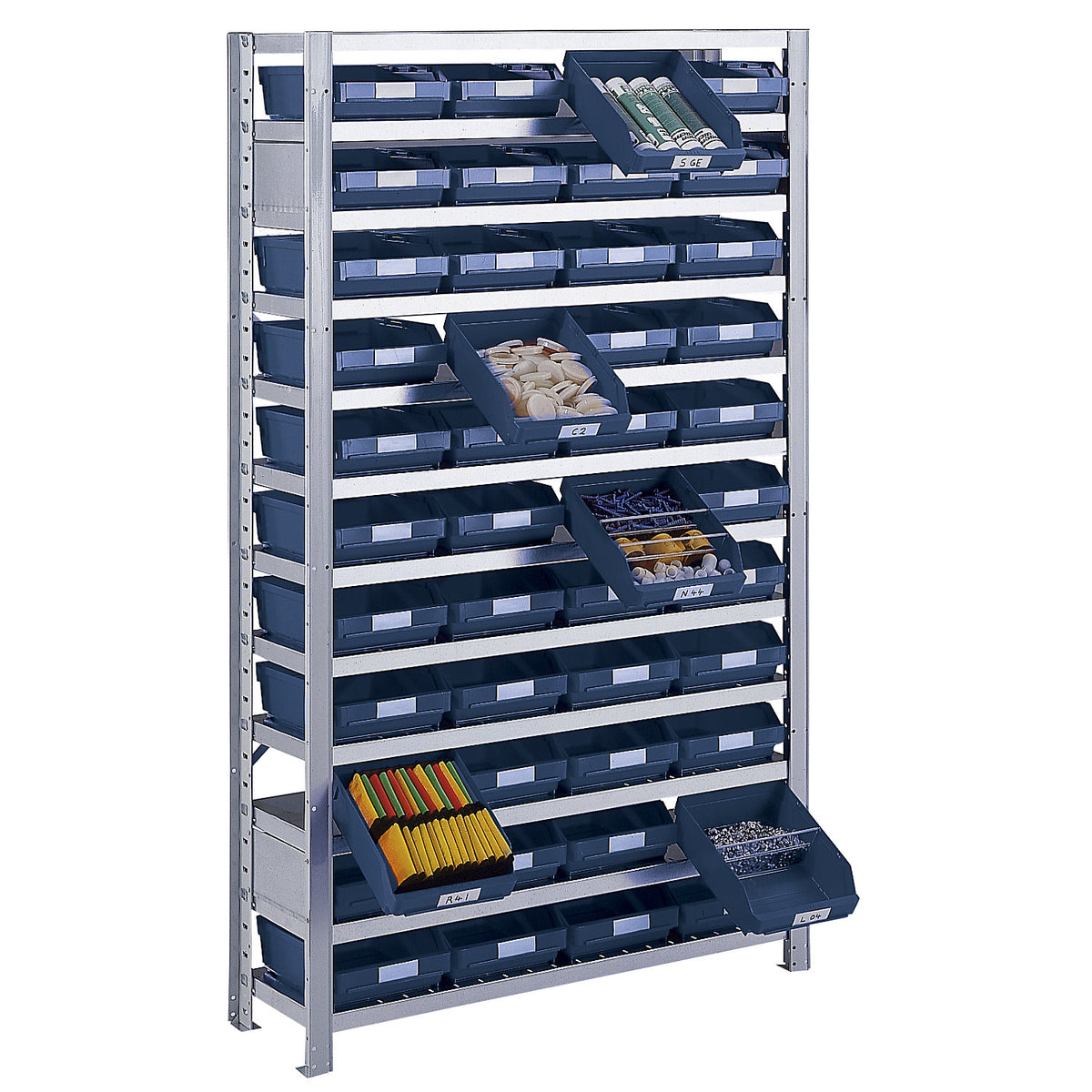 Boltless shelving unit with shelf bins, shelf unit height 1790 mm, extension shelf unit, depth 300 mm, 44 blue bins.