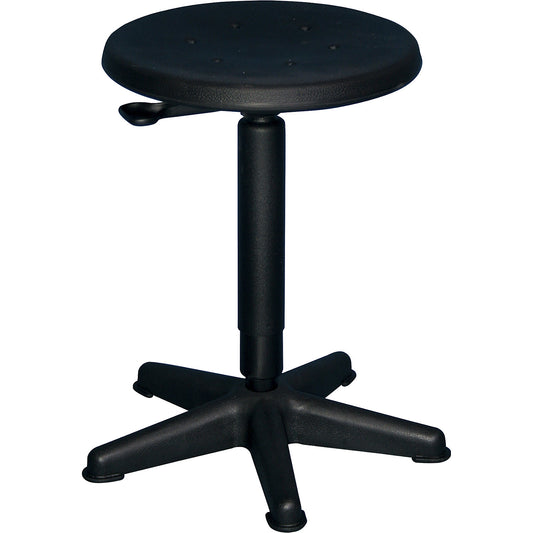 Industrial stool with gas lift height adjustment, plastic five-star base with floor glides, polyurethane foam seat.