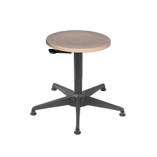 Industrial stool with gas lift height adjustment, tubular steel five-star base with floor glides, beech plywood seat.