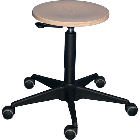 Industrial stool with gas lift height adjustment, tubular steel five-star base with castors, beech plywood seat.