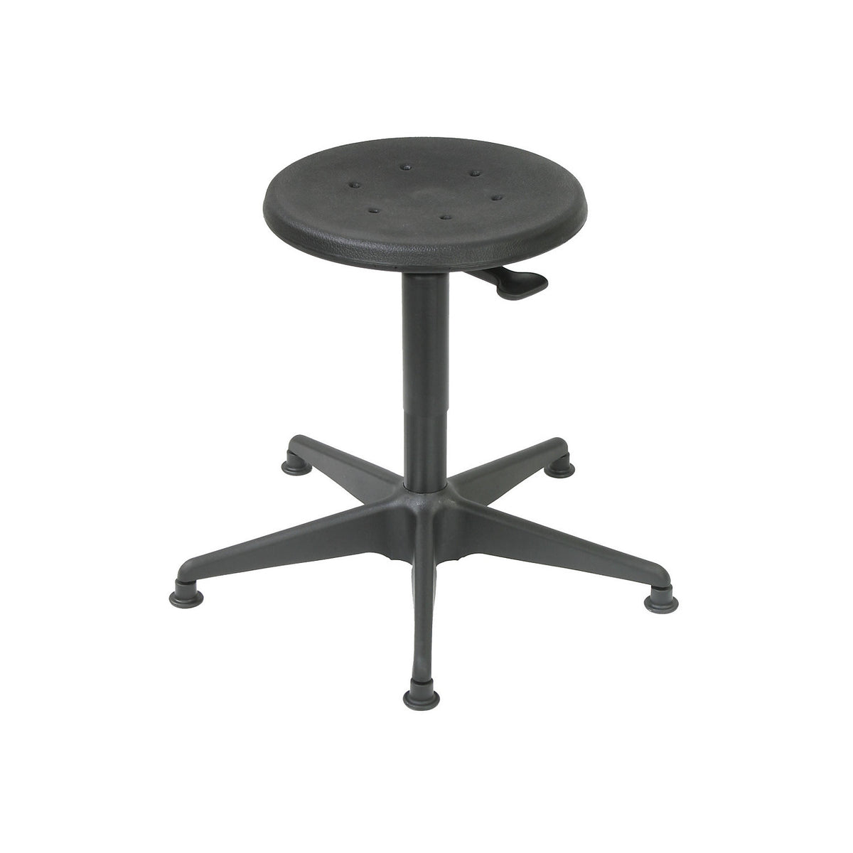 Industrial stool with gas lift height adjustment, tubular steel five-star base with floor glides, polyurethane foam seat in black.