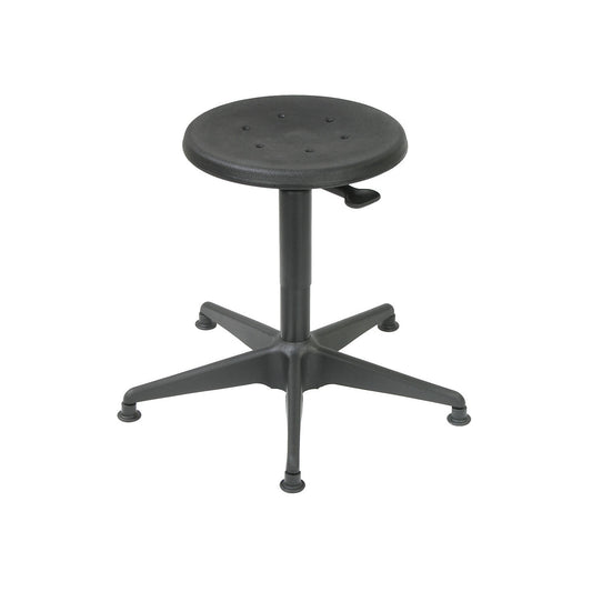 Industrial stool with gas lift height adjustment, tubular steel five-star base with floor glides, polyurethane foam seat in black.