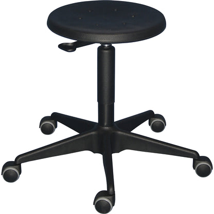 Industrial stool with gas lift height adjustment, tubular steel five-star base with castors, polyurethane foam seat in black.