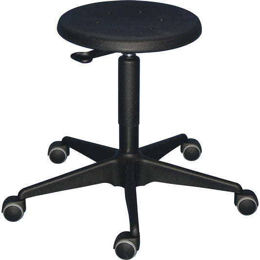 Industrial stool with gas lift height adjustment, tubular steel five-star base with castors, polyurethane foam seat in black.