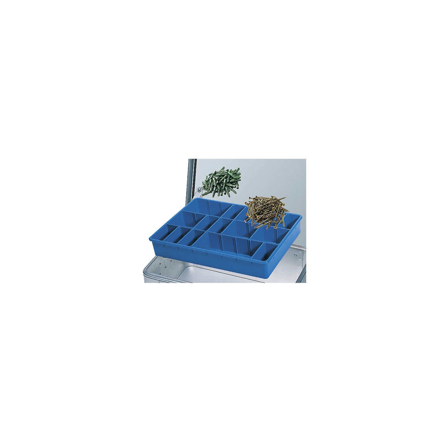 Small parts tray, with 21 plug-in dividers, WxDxH 430 x 330 x 60 mm.