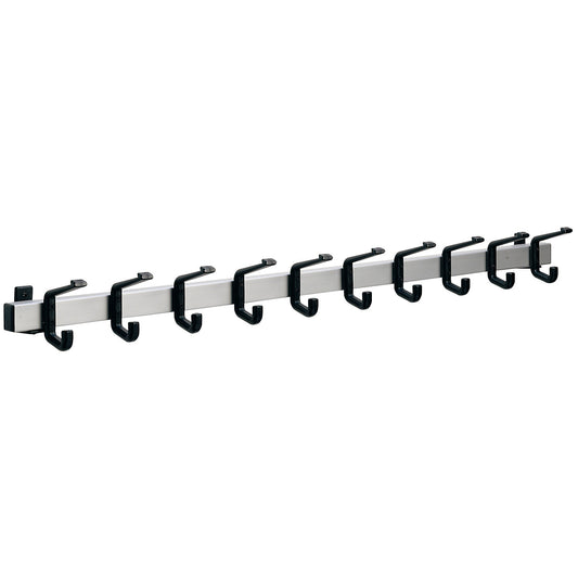 Coat rail, aluminium, hook clearance 100 mm, aluminium/black, 1000 mm, 10 hooks.