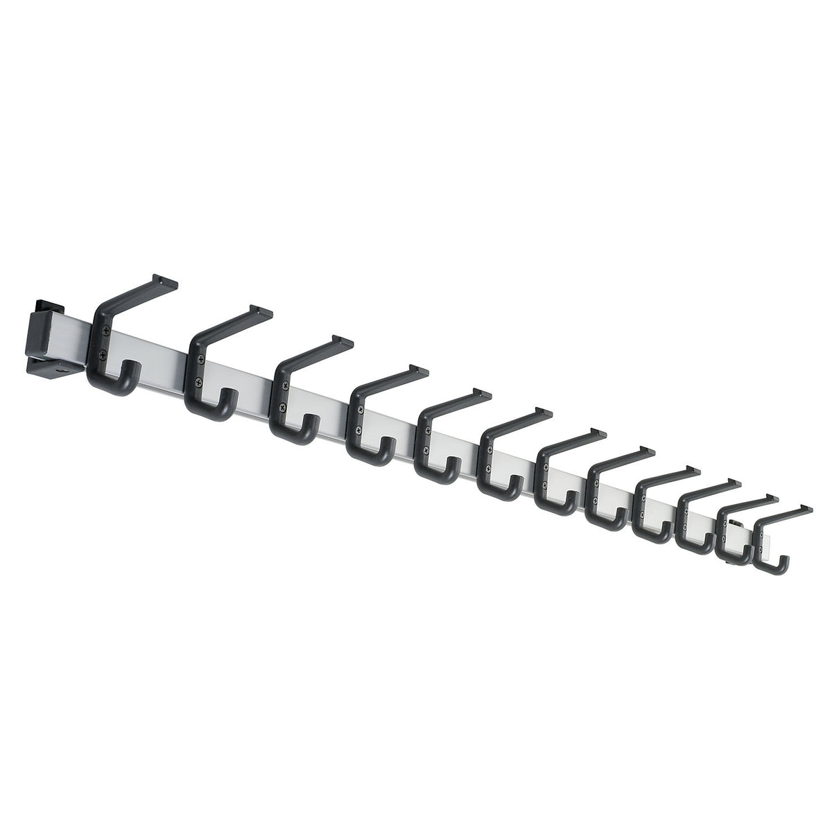 Coat rail, aluminium, hook clearance 100 mm, aluminium/black, 1200 mm, 12 hooks.