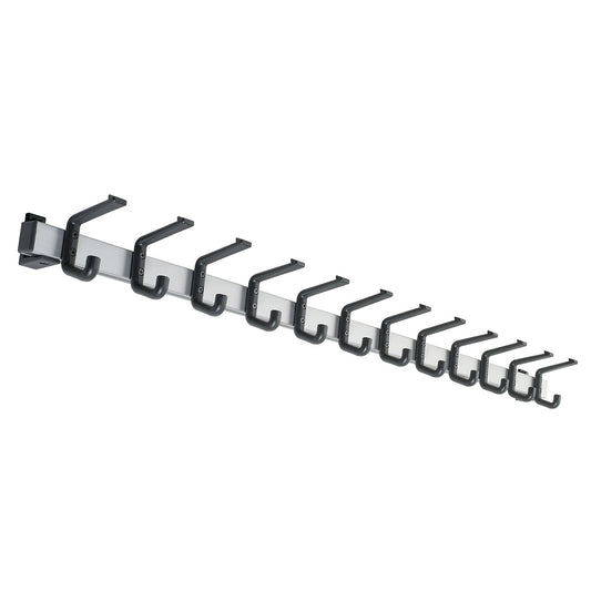 Coat rail, aluminium, hook clearance 100 mm, aluminium/black, 1200 mm, 12 hooks.