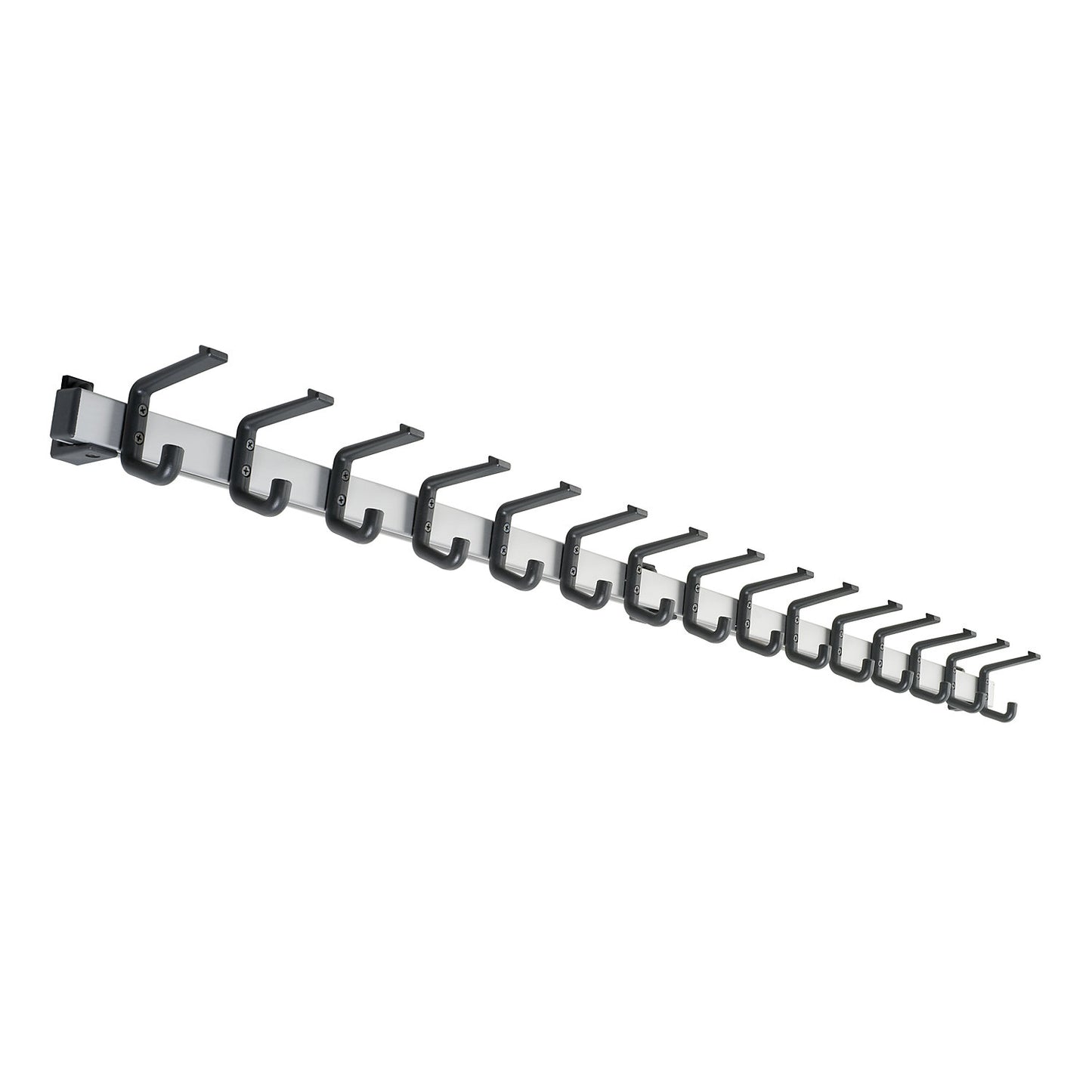 Coat rail, aluminium, hook clearance 100 mm, aluminium/black, 1500 mm long, 15 hooks.