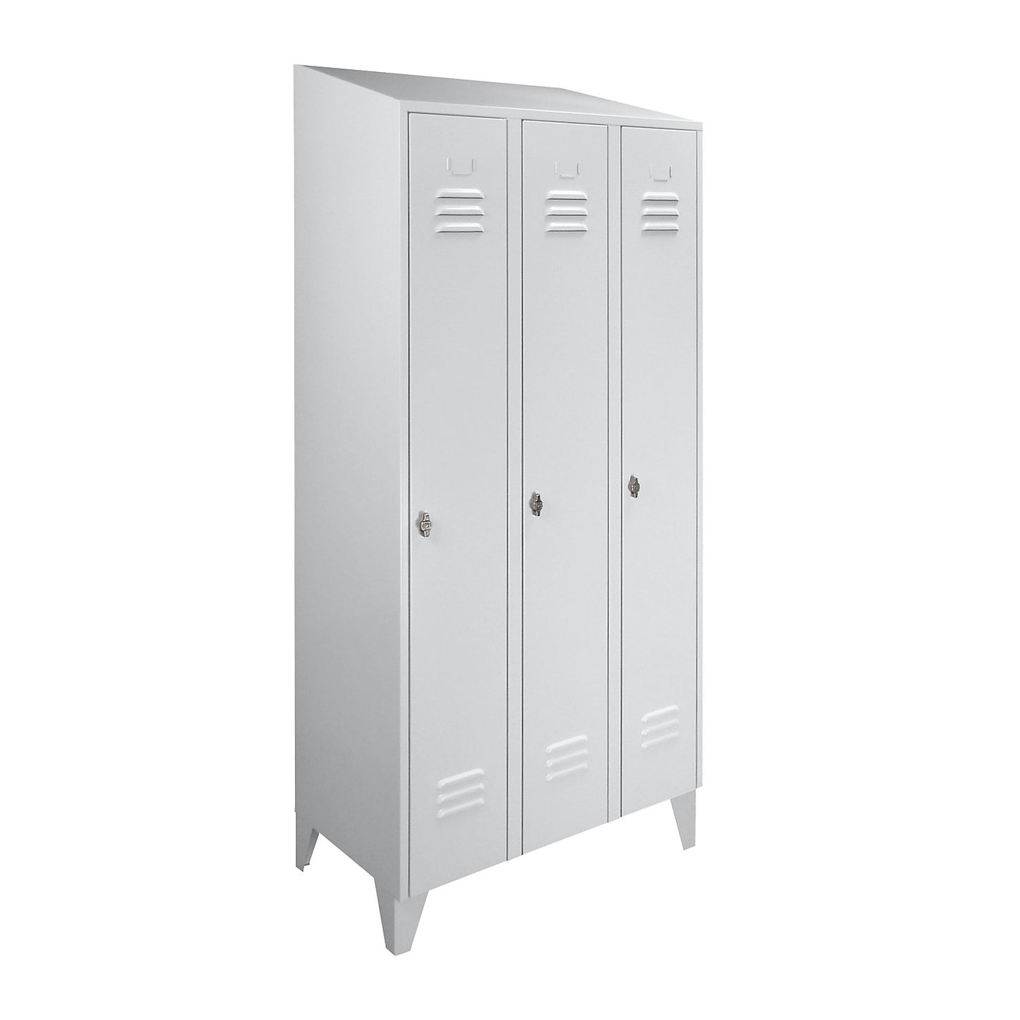 Berlin 2 clothes locker, 3 compartments, light grey, width 900 mm, sloping roof shape.