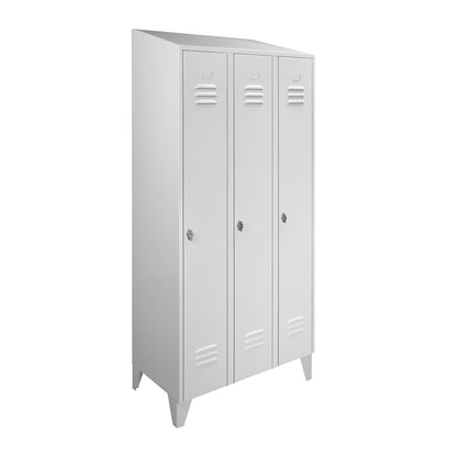 Berlin 2 clothes locker, 3 compartments, light grey, width 900 mm, sloping roof shape.