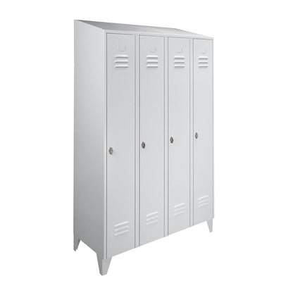 Berlin 2 clothes locker, 4 compartments, light grey, width 1200 mm, sloping roof shape.