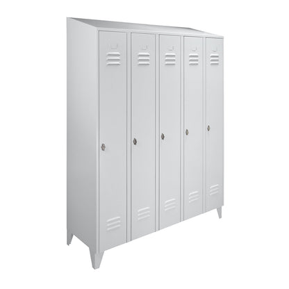 Berlin 2 clothes locker, 5 compartments, light grey, width 1500 mm, sloping roof shape.