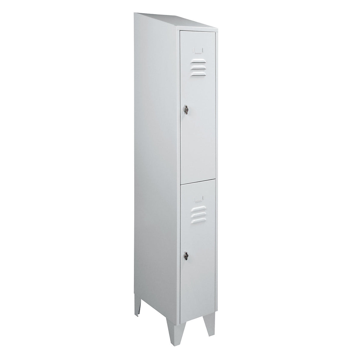 Berlin 2 double deck clothes locker, 1 compartment, light grey, width 300 mm, sloping roof shape.