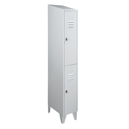 Berlin 2 double deck clothes locker, 1 compartment, light grey, width 300 mm, sloping roof shape.