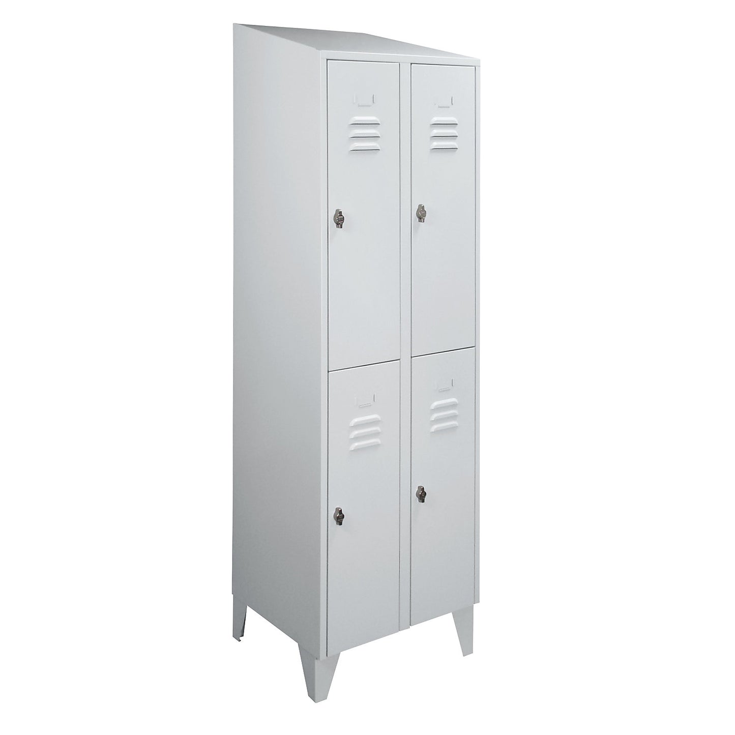 Berlin 2 double deck clothes locker, 2 compartments, light grey, width 600 mm, sloping roof shape.