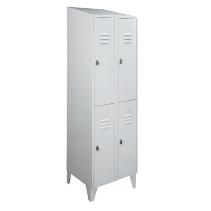 Berlin 2 double deck clothes locker, 2 compartments, light grey, width 600 mm, sloping roof shape.