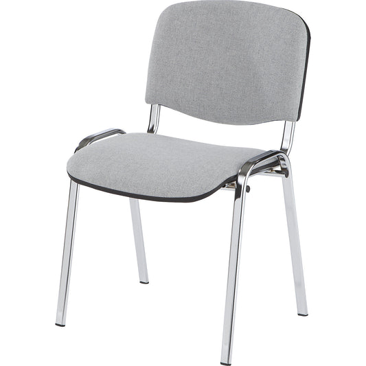 Visitors' chair, stackable, upholstered back rest, chrome plated frame, grey upholstery, pack of 4.
