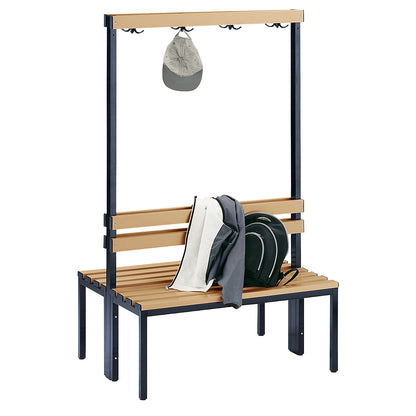 Changing room bench with back rest, double sided, beech wood slats, length 1000 mm.