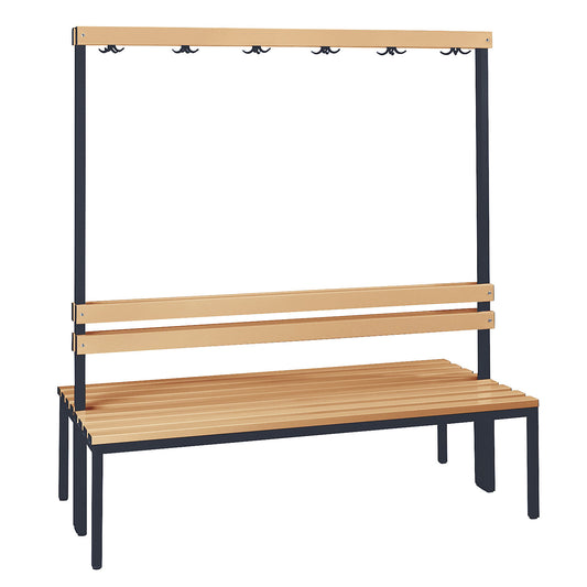 Changing room bench with back rest, double sided, beech wood slats, length 1500 mm.