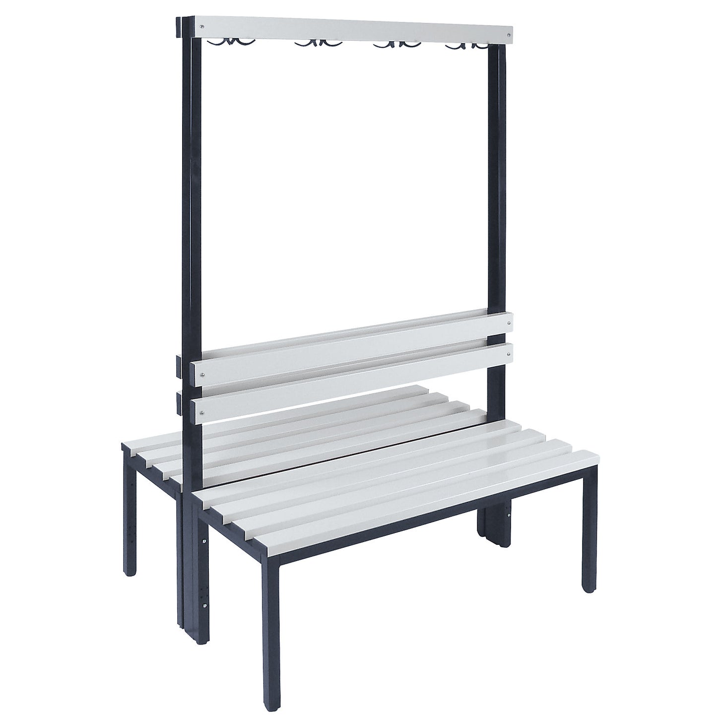 Changing room bench with back rest, double sided, PVC slats, length 1000 mm.