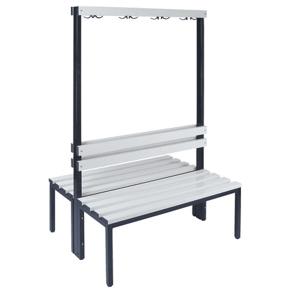 Changing room bench with back rest, double sided, PVC slats, length 1000 mm.