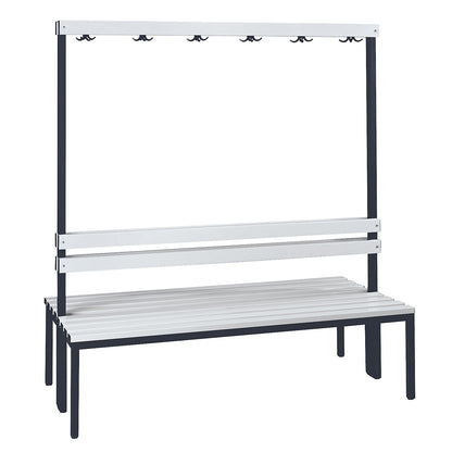 Changing room bench with back rest, double sided, PVC slats, length 1500 mm.