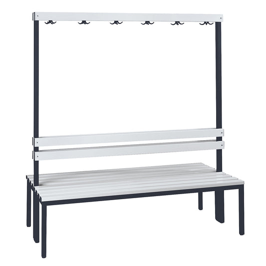 Changing room bench with back rest, double sided, PVC slats, length 1500 mm.