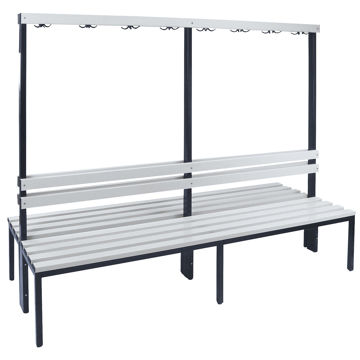 Changing room bench with back rest, double sided, PVC slats, length 2000 mm.