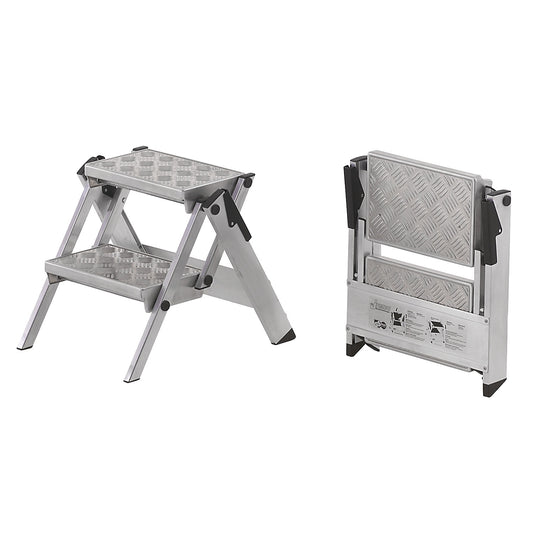 Aluminium folding steps, ribbed aluminium steps, without safety rail, 2 steps.