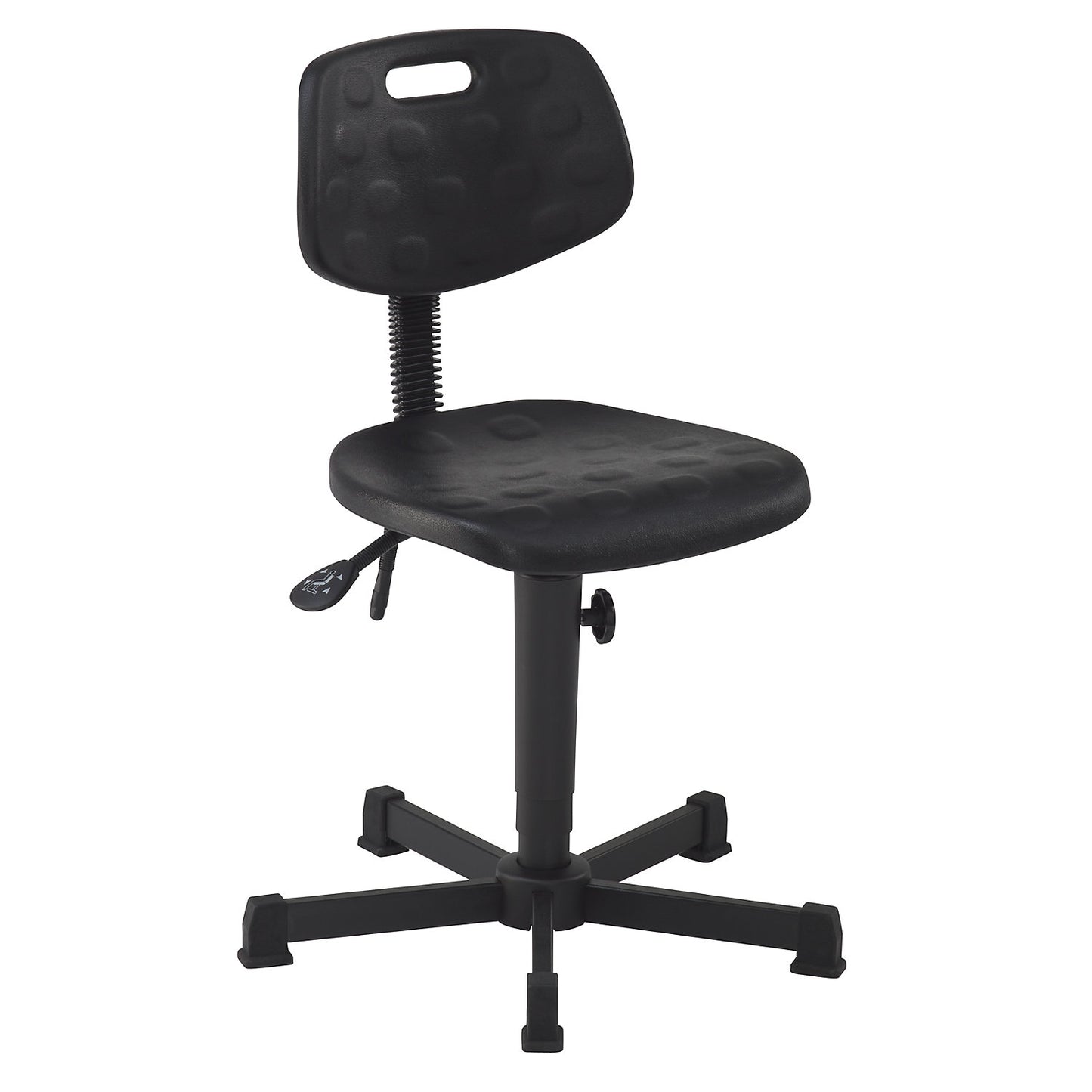 Industrial swivel chair with PU foam seat, without foot rest, with floor glides, height adjustment range 460 - 650 mm.