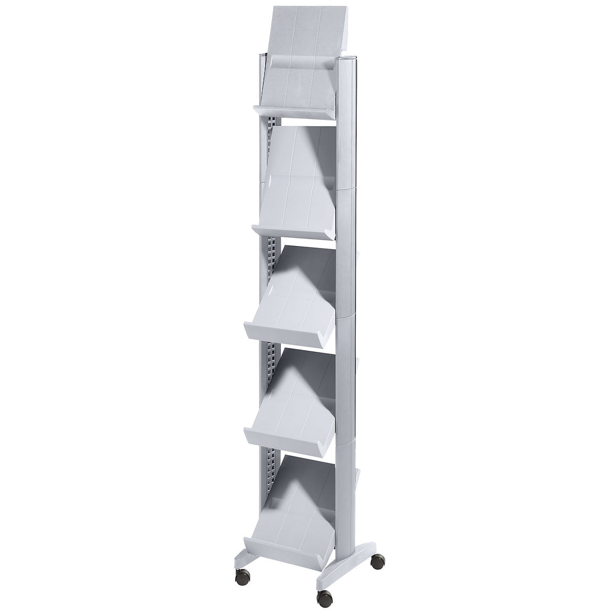 Brochure display stand made of polystyrene, for 5 x A4, aluminium silver / aluminium silver.