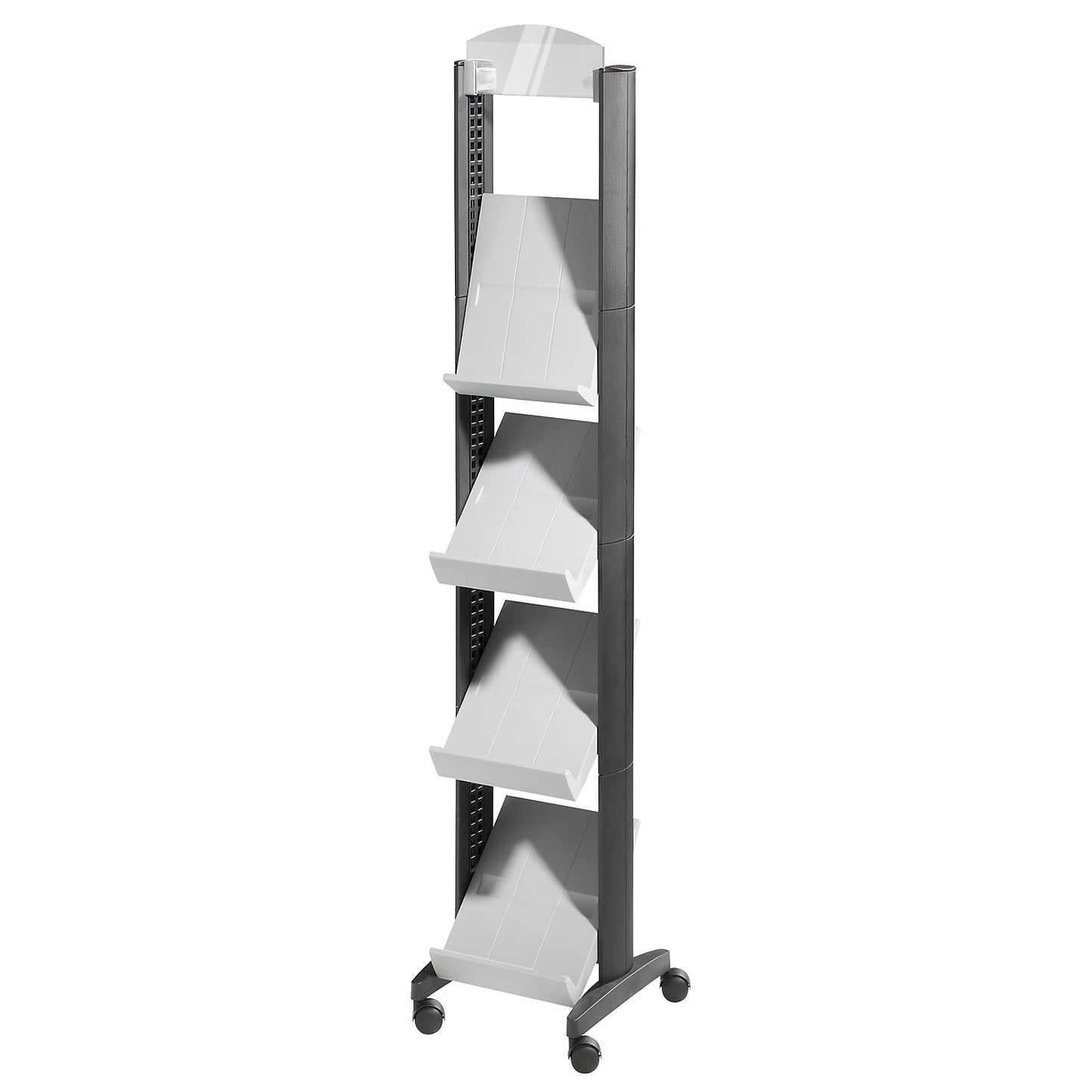 Brochure display stand made of polystyrene, for 4 x A4, with advertising space, black / light grey.