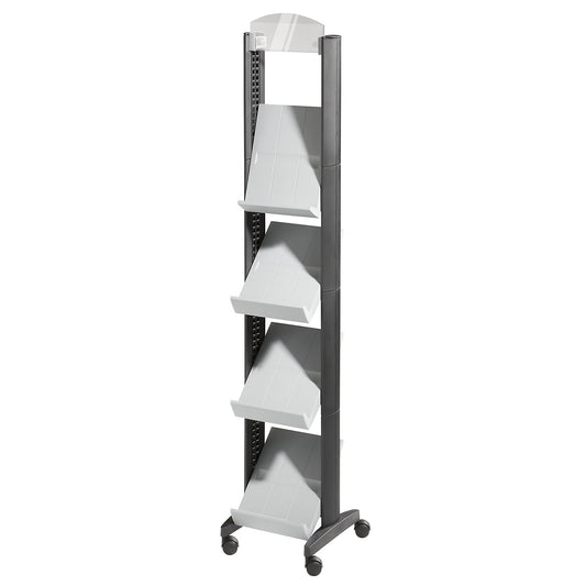 Brochure display stand made of polystyrene, for 4 x A4, with advertising space, black / light grey.