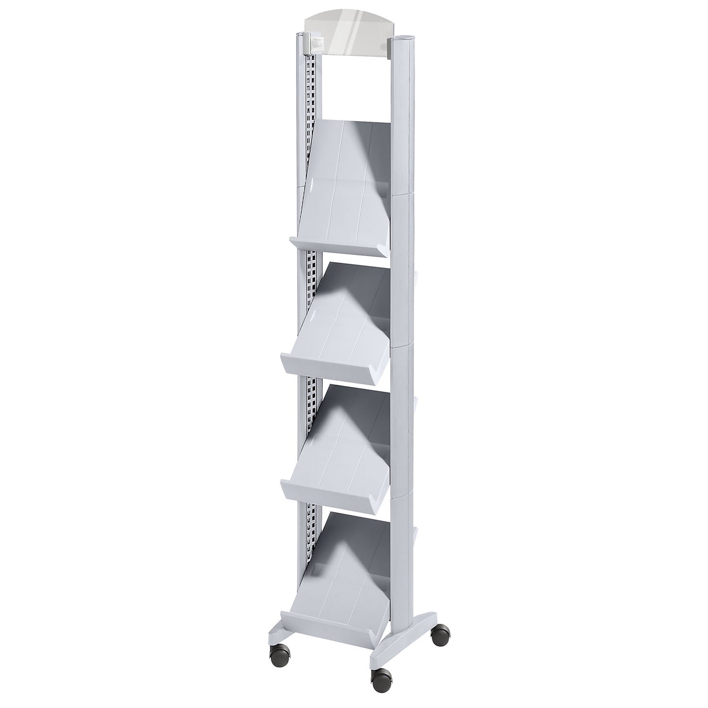 Brochure display stand made of polystyrene, for 4 x A4, with advertising space, aluminium silver / aluminium silver.